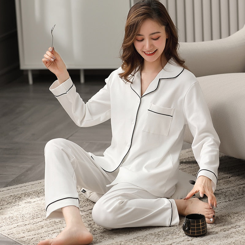 Femmes 100% coton Pyjamas Dormir en hiver Lounge Sleepwear Solid Pijama blanc Mujer Bedroom Vêtements d'intérieur Pyjama en coton pur PJs