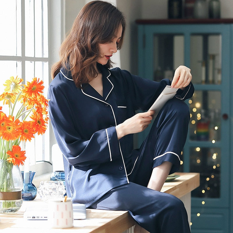 Pyjama d'été en satin pour femmes Pyjamas PJ Set Home Vêtements Manches Longues Combinaison de nuit rose Ice-Silk White Pijamas Femme