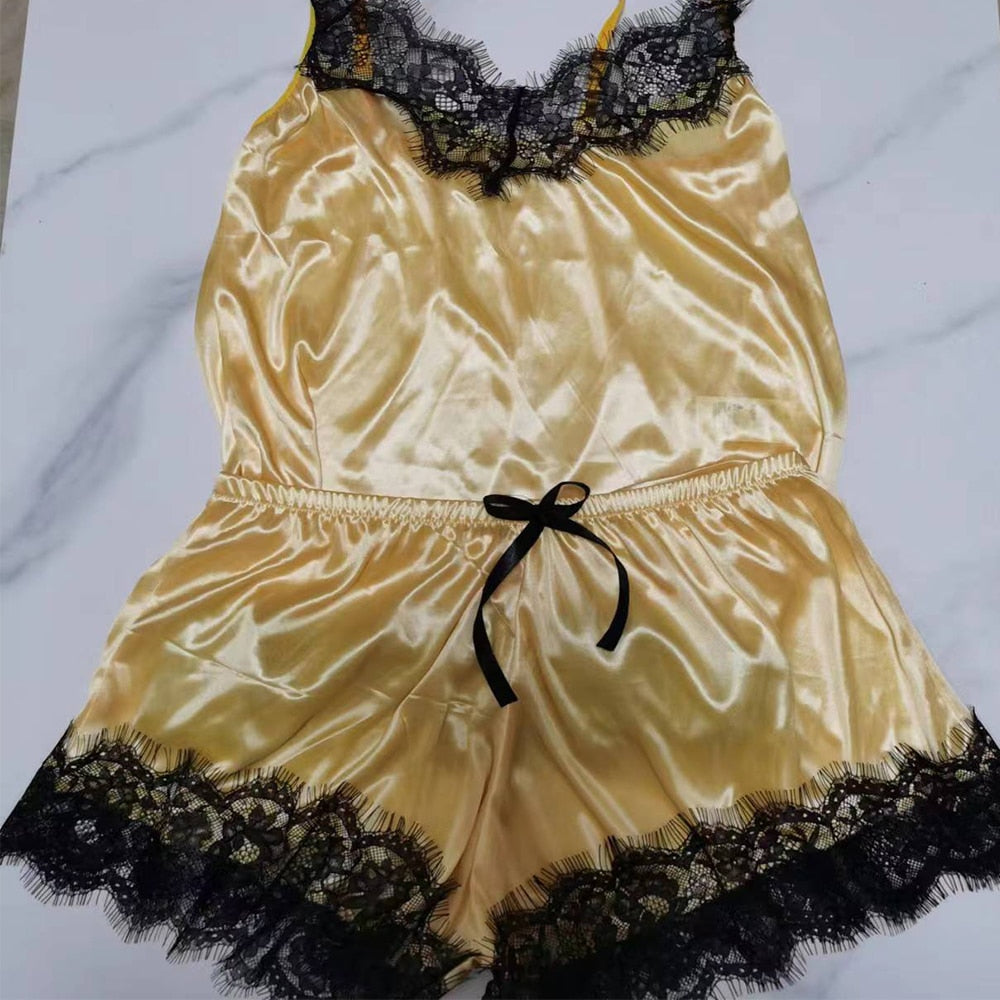 Pyjama pour femmes Col en V à la mode Nuisette Satin Stretch Dentelle Lingerie sexy Pyjama avec nœud papillon Ensemble short de nuit Sleepwear New