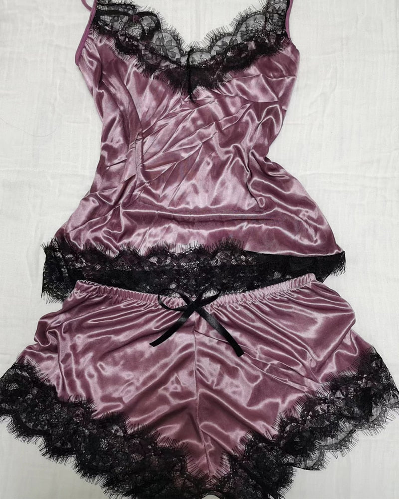 Pyjama pour femmes Col en V à la mode Nuisette Satin Stretch Dentelle Lingerie sexy Pyjama avec nœud papillon Ensemble short de nuit Sleepwear New