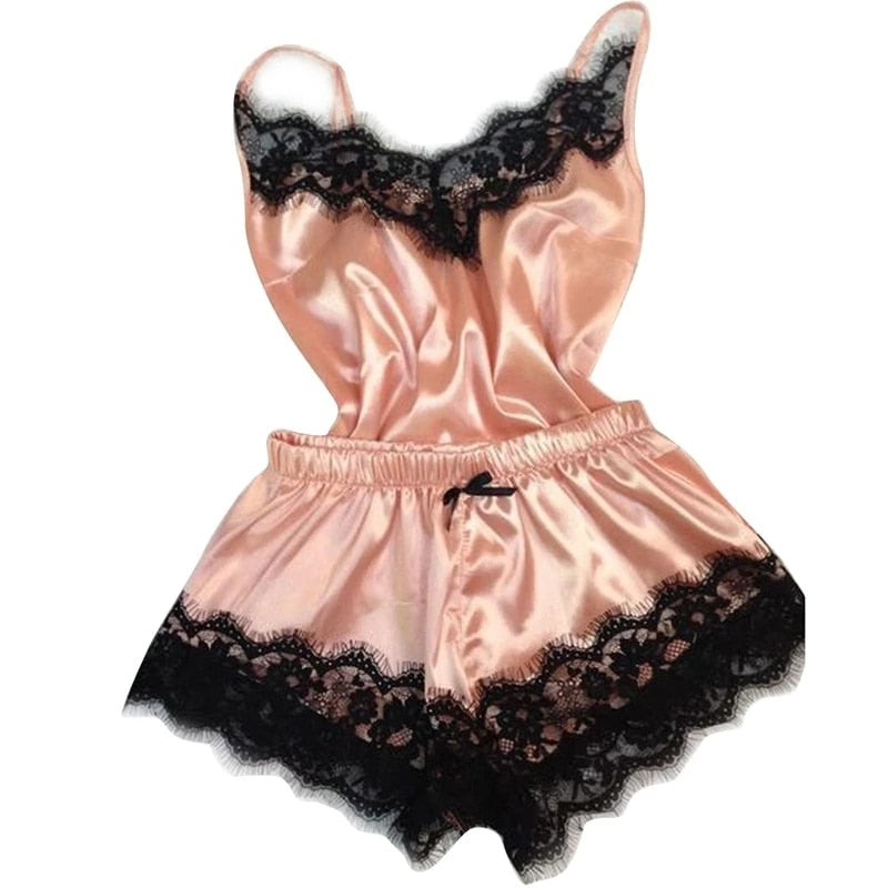Pyjama pour femmes Col en V à la mode Nuisette Satin Stretch Dentelle Lingerie sexy Pyjama avec nœud papillon Ensemble short de nuit Sleepwear New