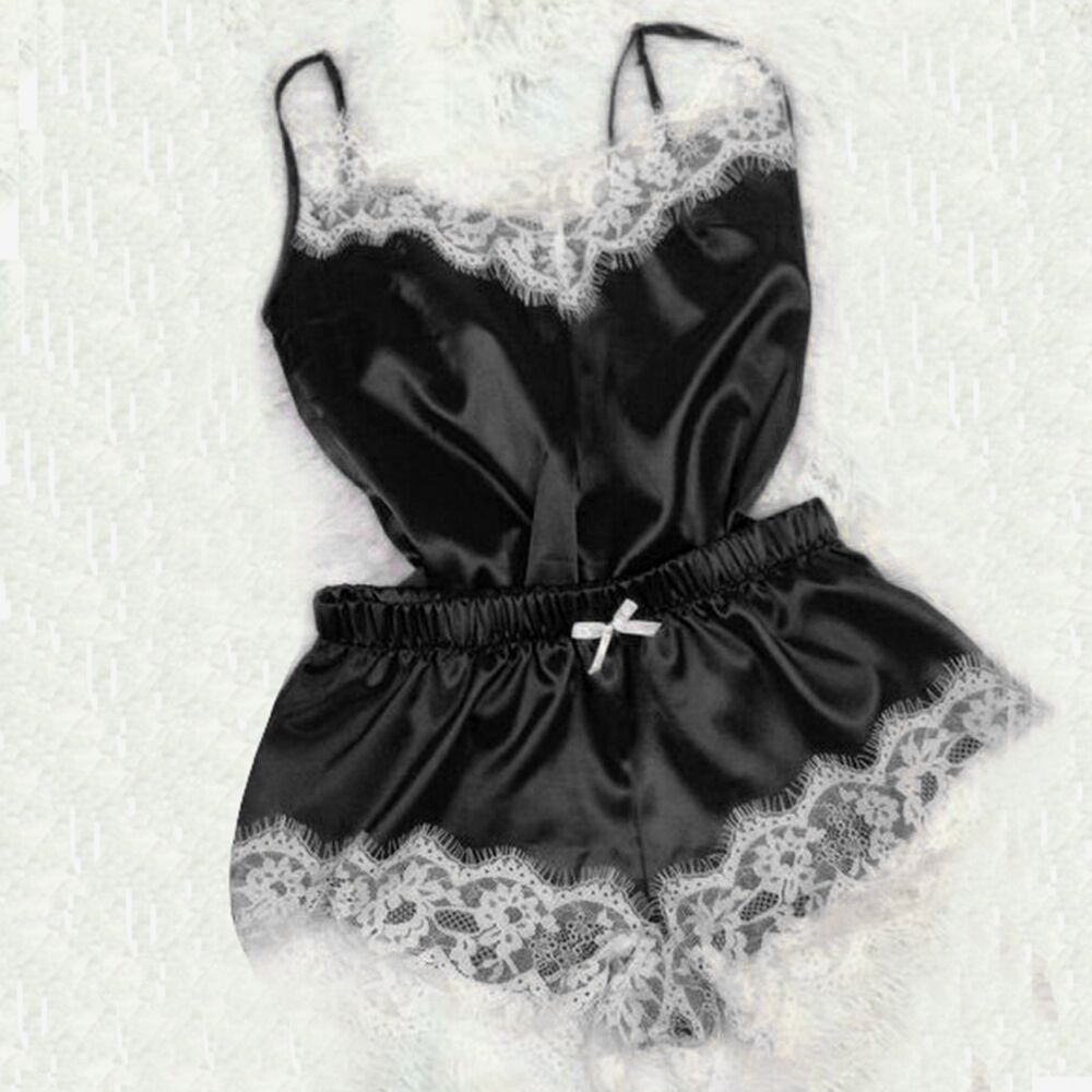Pyjama pour femmes Col en V à la mode Nuisette Satin Stretch Dentelle Lingerie sexy Pyjama avec nœud papillon Ensemble short de nuit Sleepwear New