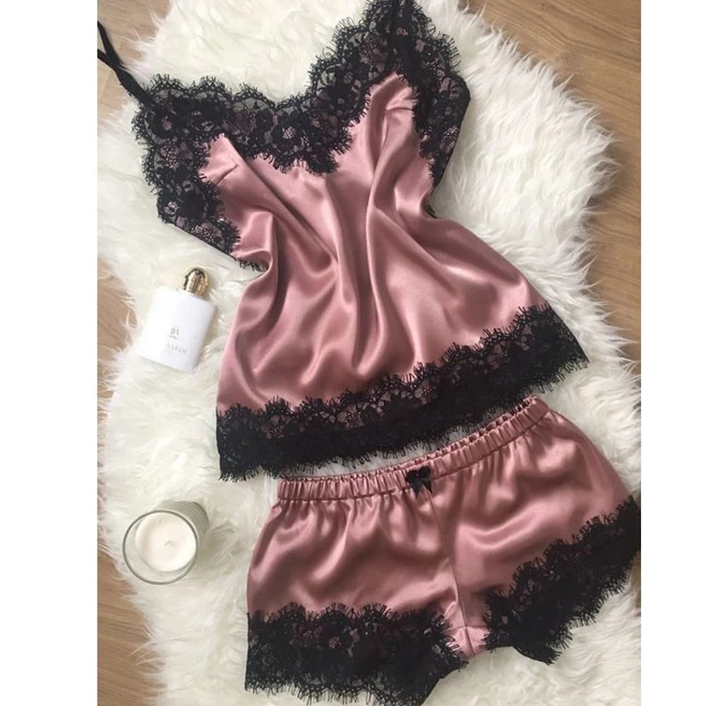 Pyjama pour femmes Col en V à la mode Nuisette Satin Stretch Dentelle Lingerie sexy Pyjama avec nœud papillon Ensemble short de nuit Sleepwear New