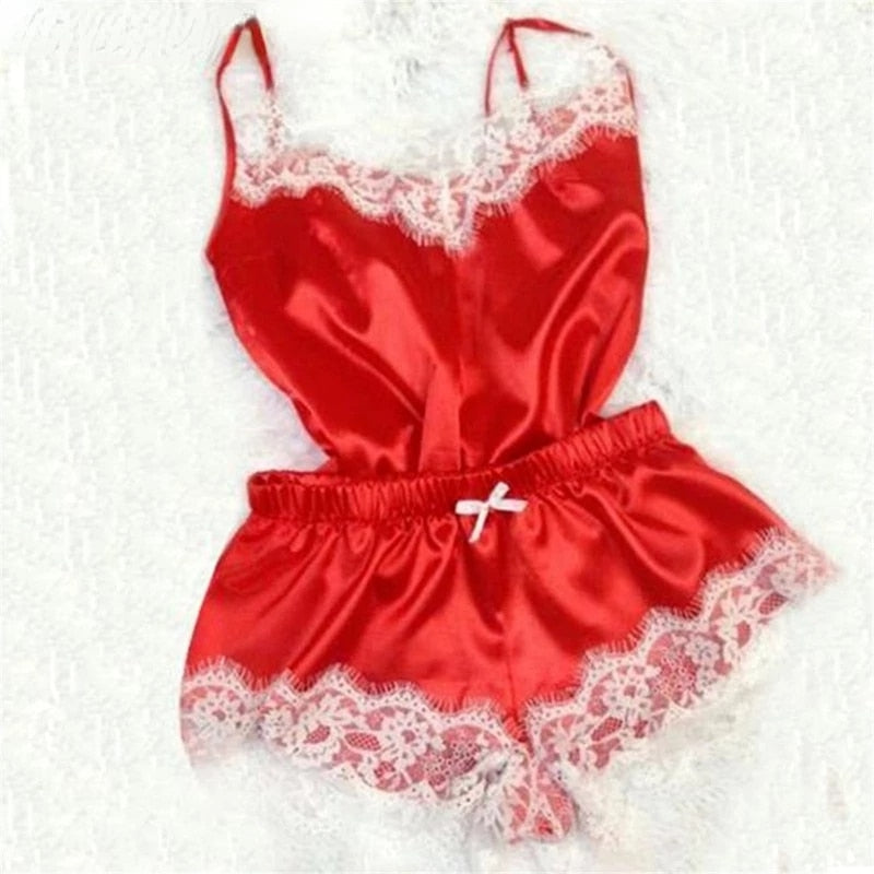 Pyjama pour femmes Col en V à la mode Nuisette Satin Stretch Dentelle Lingerie sexy Pyjama avec nœud papillon Ensemble short de nuit Sleepwear New
