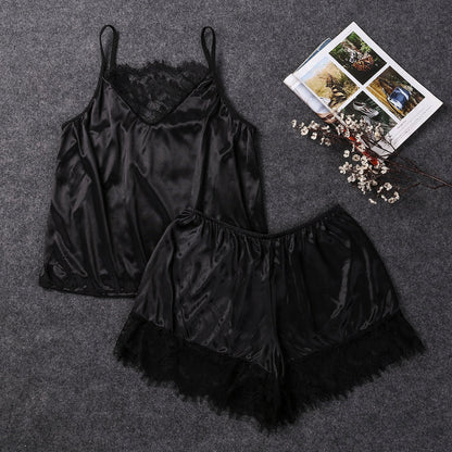 Ensemble pyjama en satin et dentelle sexy pour femmes Élégant haut sans manches et short Ensemble pyjama de nuit Sous-vêtements